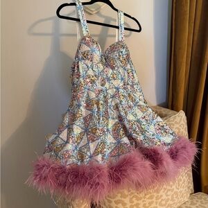 Buddy Love Pastel Sequin Mini Dress with Pink Feather Trim